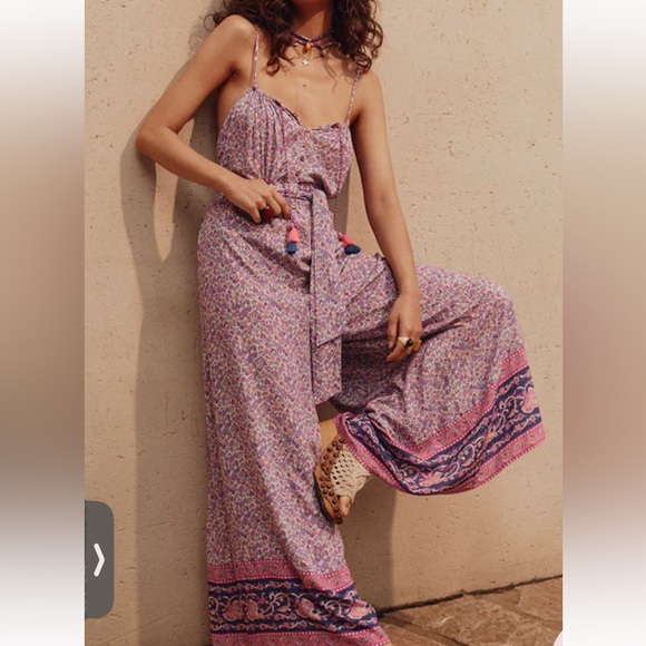 Spell Pants - Spell Little Bird Jumpsuit in Lavender Floral Wide-Leg